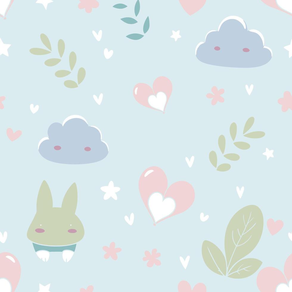 Adorable Bunny, Clouds, Hearts and Stars Seamless Pattern on Light Blue vector
