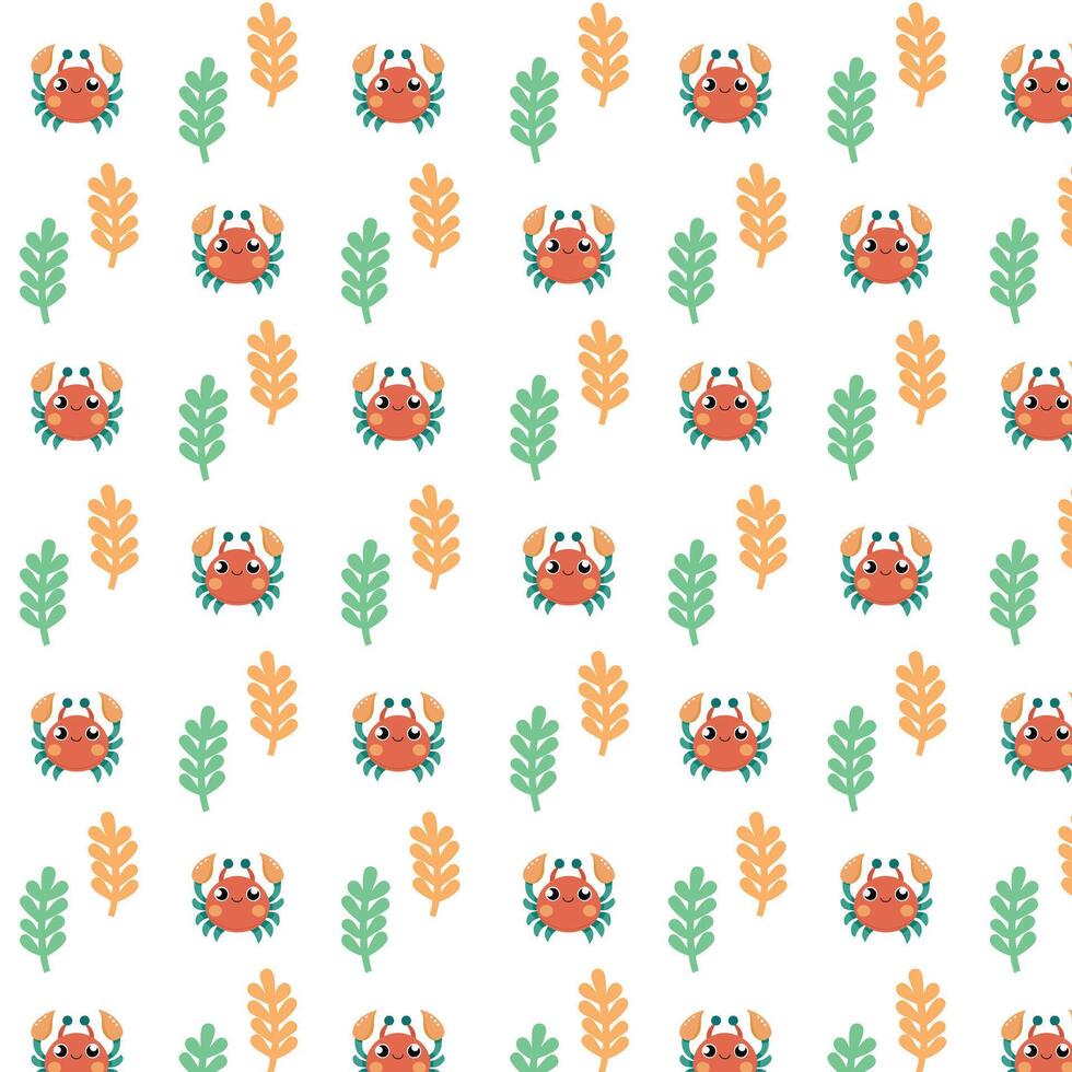 Adorable Crab and Leaf Pattern in Vibrant Summer Colors vector