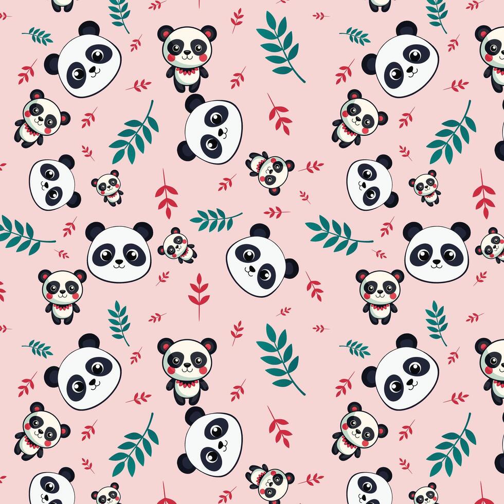 Adorable Cartoon Pandas with Playful Leaf Motifs on Pink vector