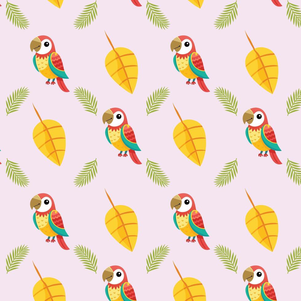 A pattern with colorful parrots and leaves vector