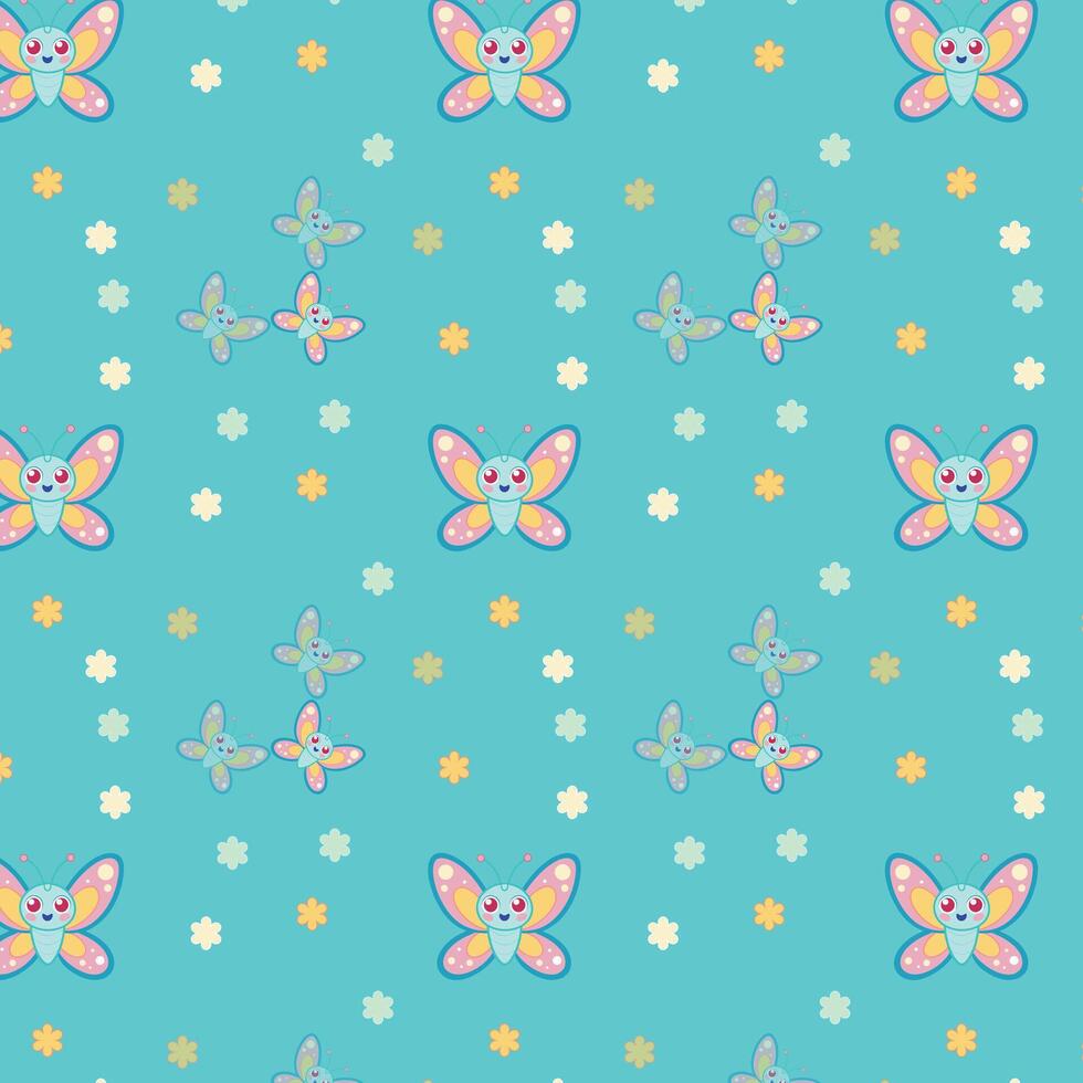 Colorful Seamless Butterfly and Flower Pattern on Blue Background vector