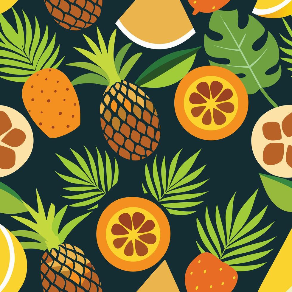 Bold Tropical Fruits, Citrus, and Lush Foliage Pattern on Dark Background vector