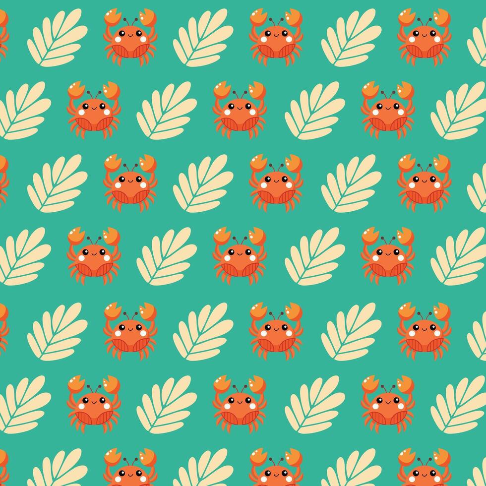 A pattern with crabs and leaves on a turquoise background vector