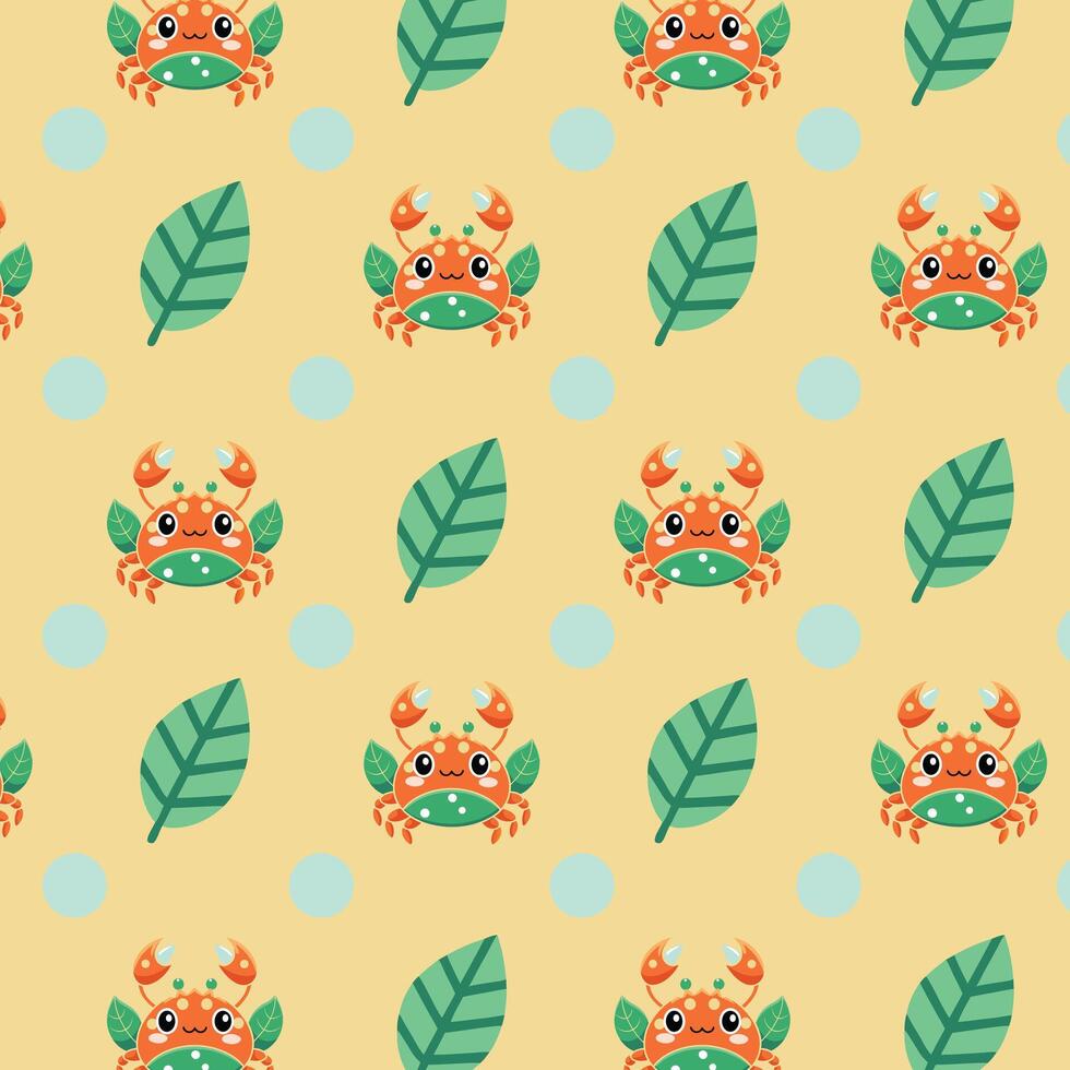 Adorable Cartoon Crabs with Green Leaves on Pastel Yellow vector
