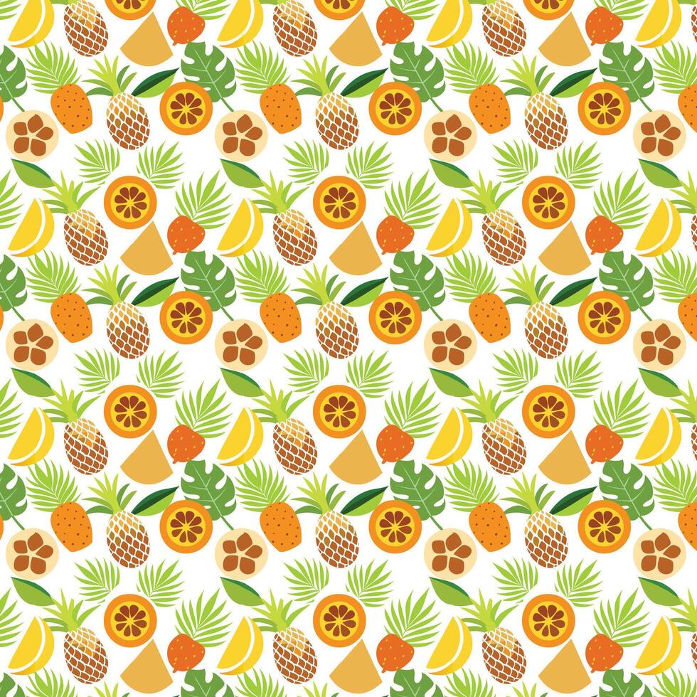 Dynamic Tropical Fruits, Lush Foliage, and Vibrant Floral Pattern Design vector