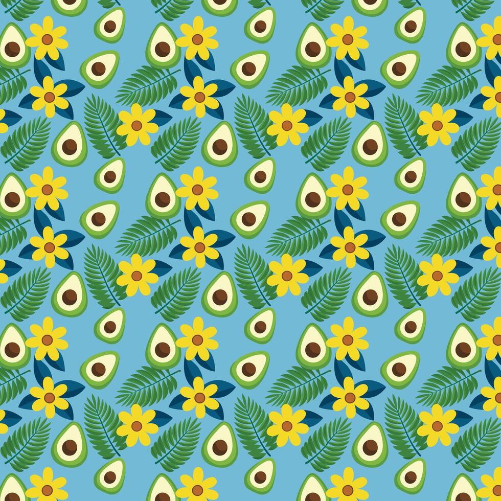Intricate Seamless Pattern of Avocado Halves, Yellow and Blue Flowers, and Fern Leaves on Light Blue Background vector