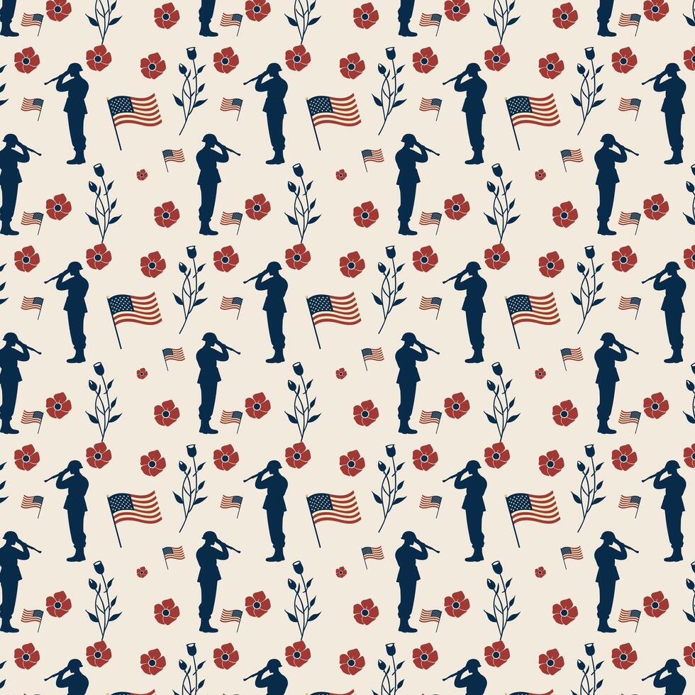 Memorial Day Tribute Pattern Featuring Soldiers, Poppies, and Flags vector