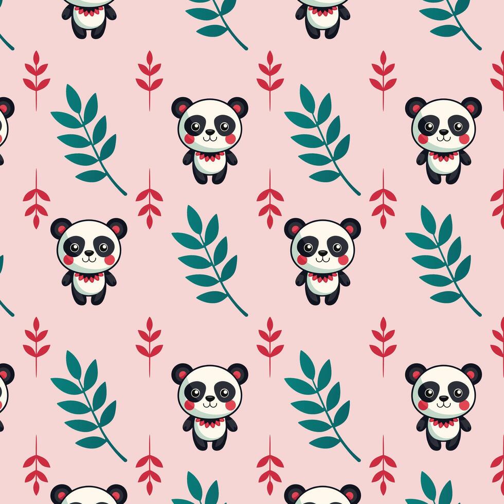 Playful Cartoon Pandas with Vibrant Leaf Motif on Pink vector