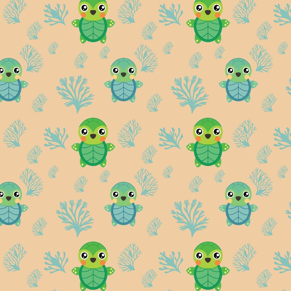Playful Cartoon Turtles and Blue Coral Repeating Pattern vector