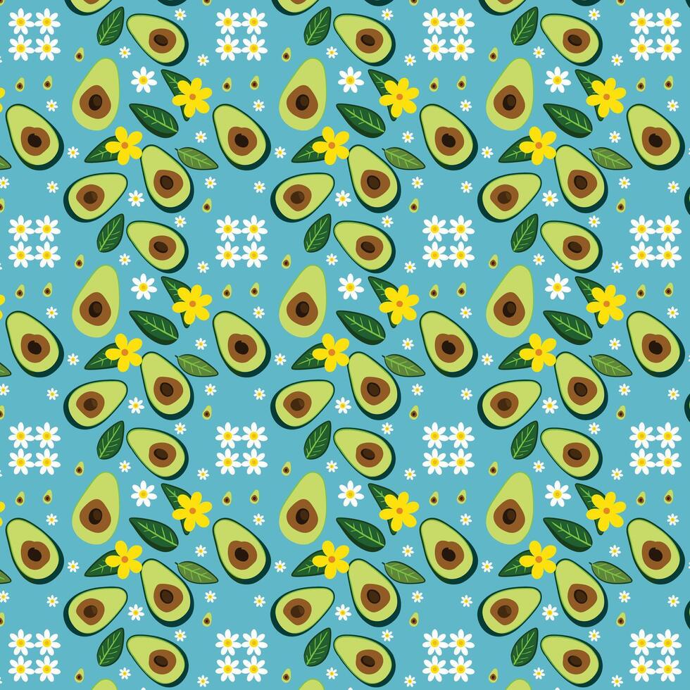 Playful Avocado and Floral Seamless Pattern on Soft Blue vector