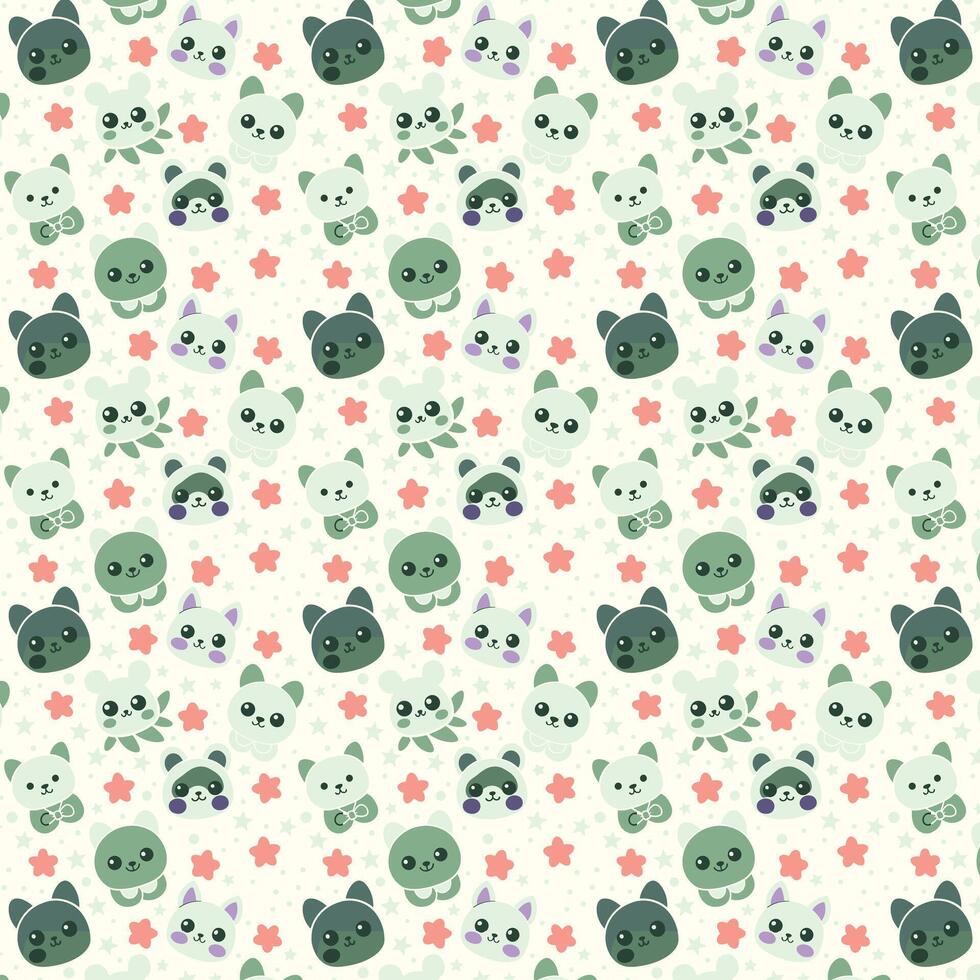 Playful Cartoon Animal Faces Seamless Pattern with Stars and Flowers vector