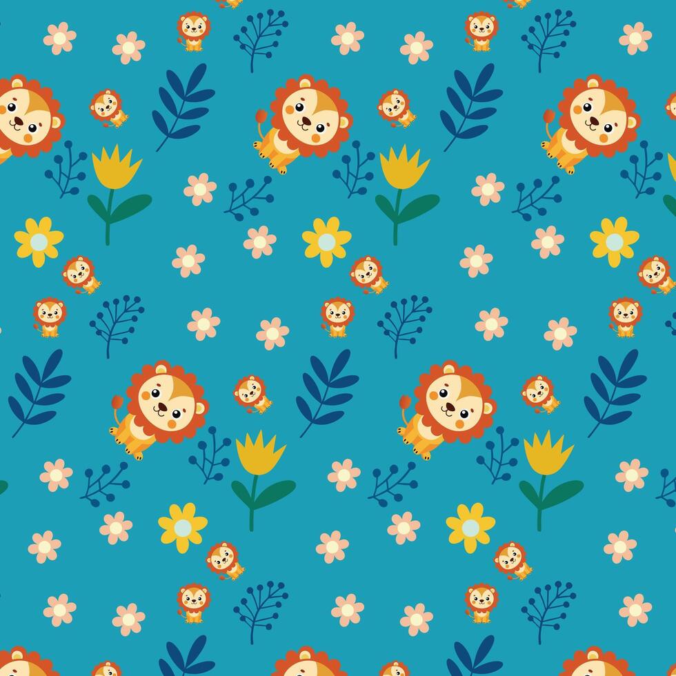 Playful Cartoon Lions and Tropical Leaves Pattern on Teal Background vector