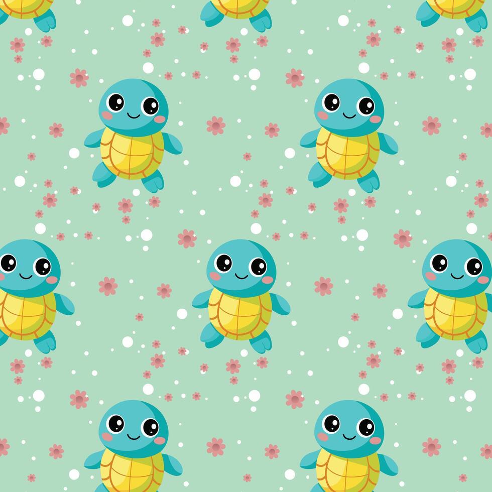 Playful Cartoon Turtles with Flowers on Light Green Background vector