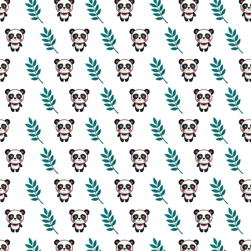 Playful Cartoon Pandas with Green Fern Leaves Pattern vector