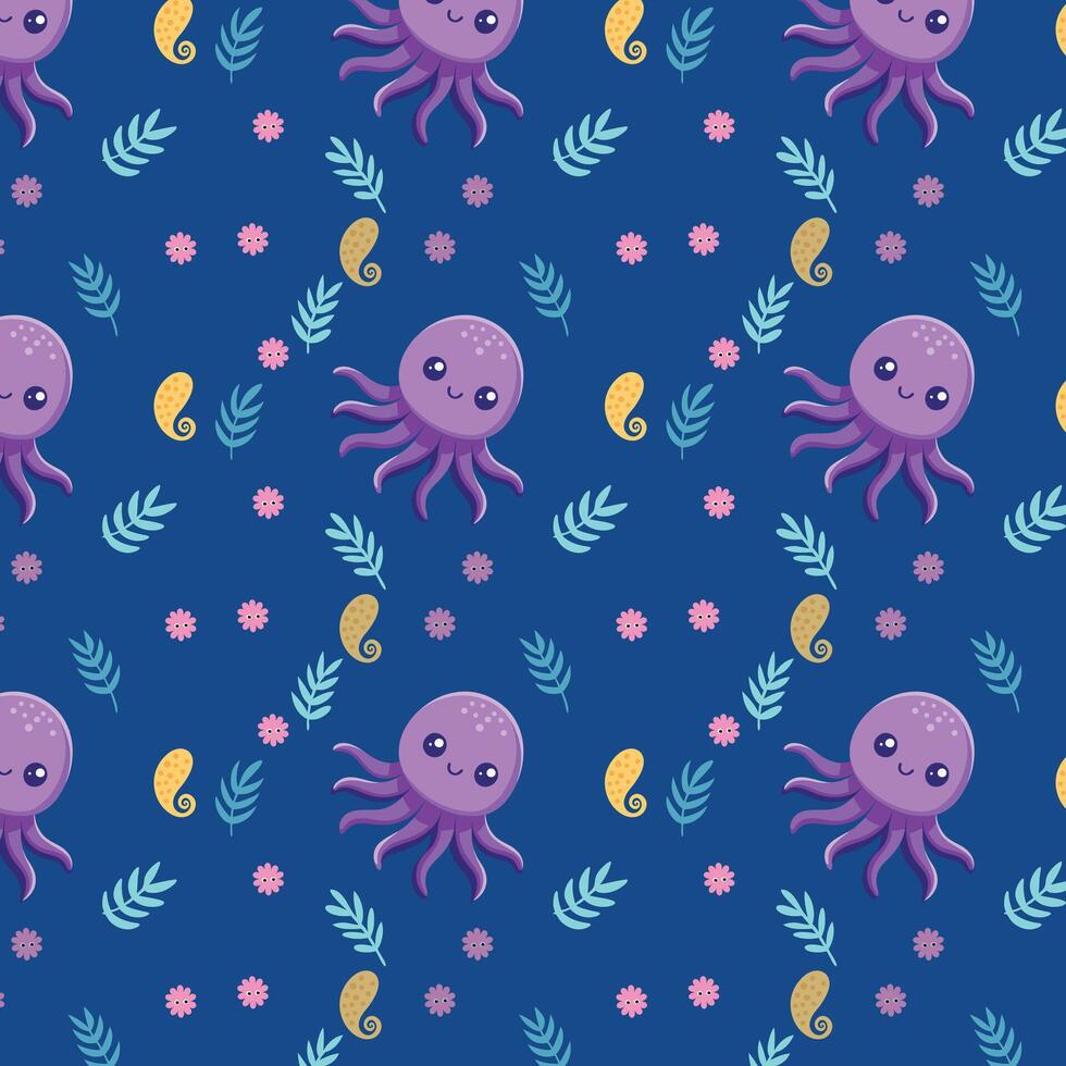 Playful Cartoon Octopuses and Seahorses Pattern with Flowers on Blue Background vector