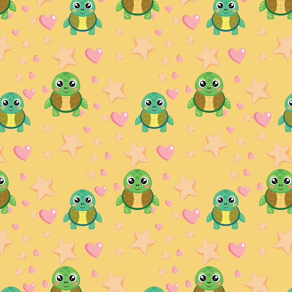 Playful Cartoon Turtles, Hearts, and Stars on Light Yellow Background vector