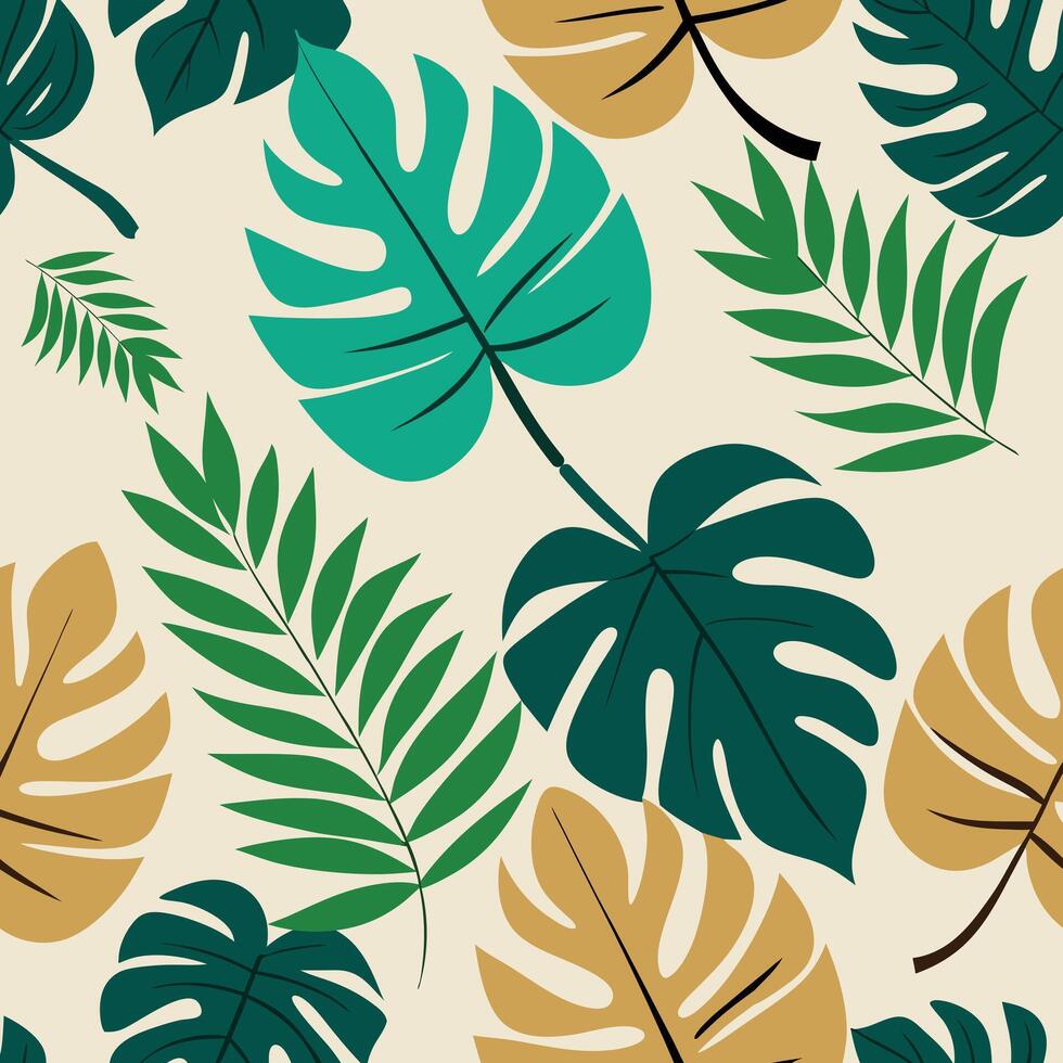 Exquisite Tropical Leaf Pattern in Vibrant Green, Teal, and Mustard vector