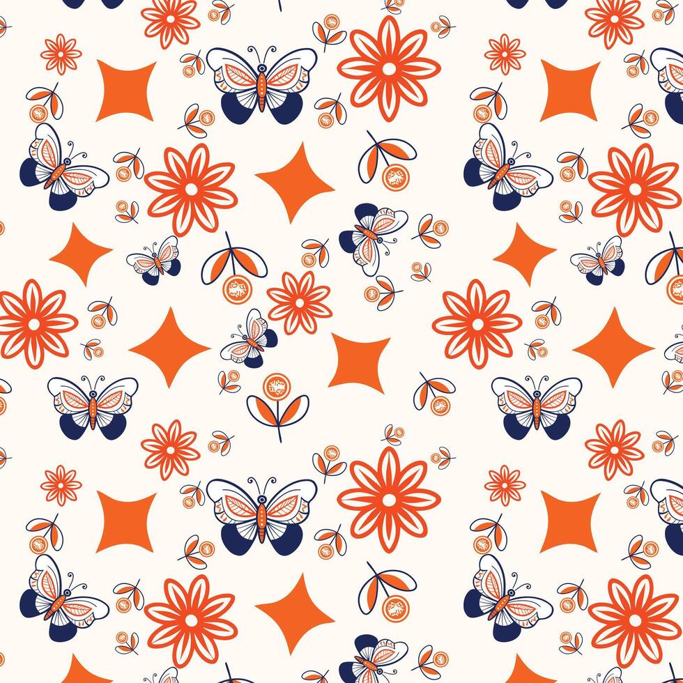 Intricate Seamless Pattern with Butterflies, Flowers, and Geometric Shapes vector