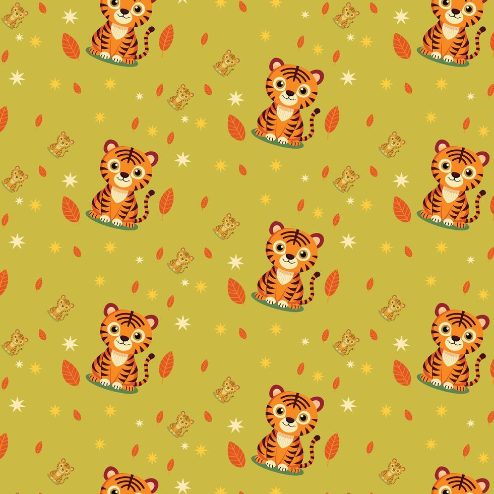 Cute Cartoon Tigers and Frogs with Autumn Leaves on Light Green Background vector