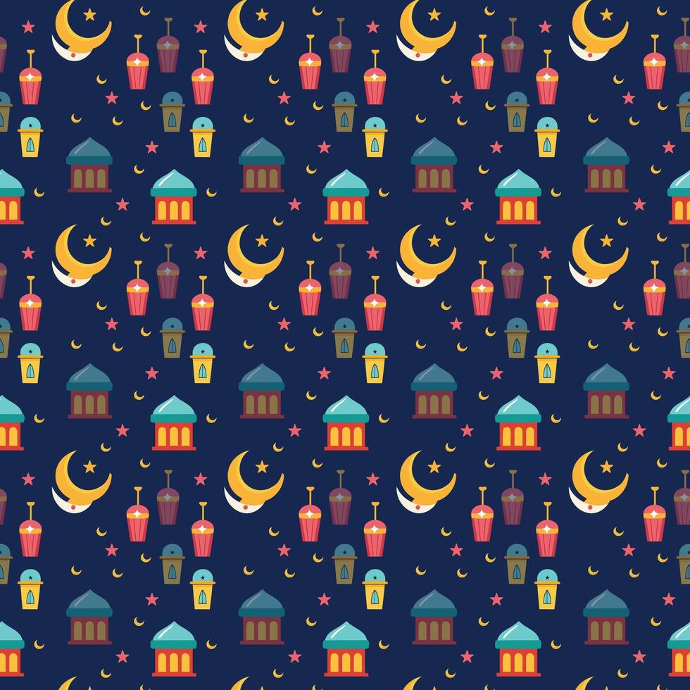 Islamic-Themed Seamless Pattern with Crescent Moons, Stars, Lanterns, and Mosques vector
