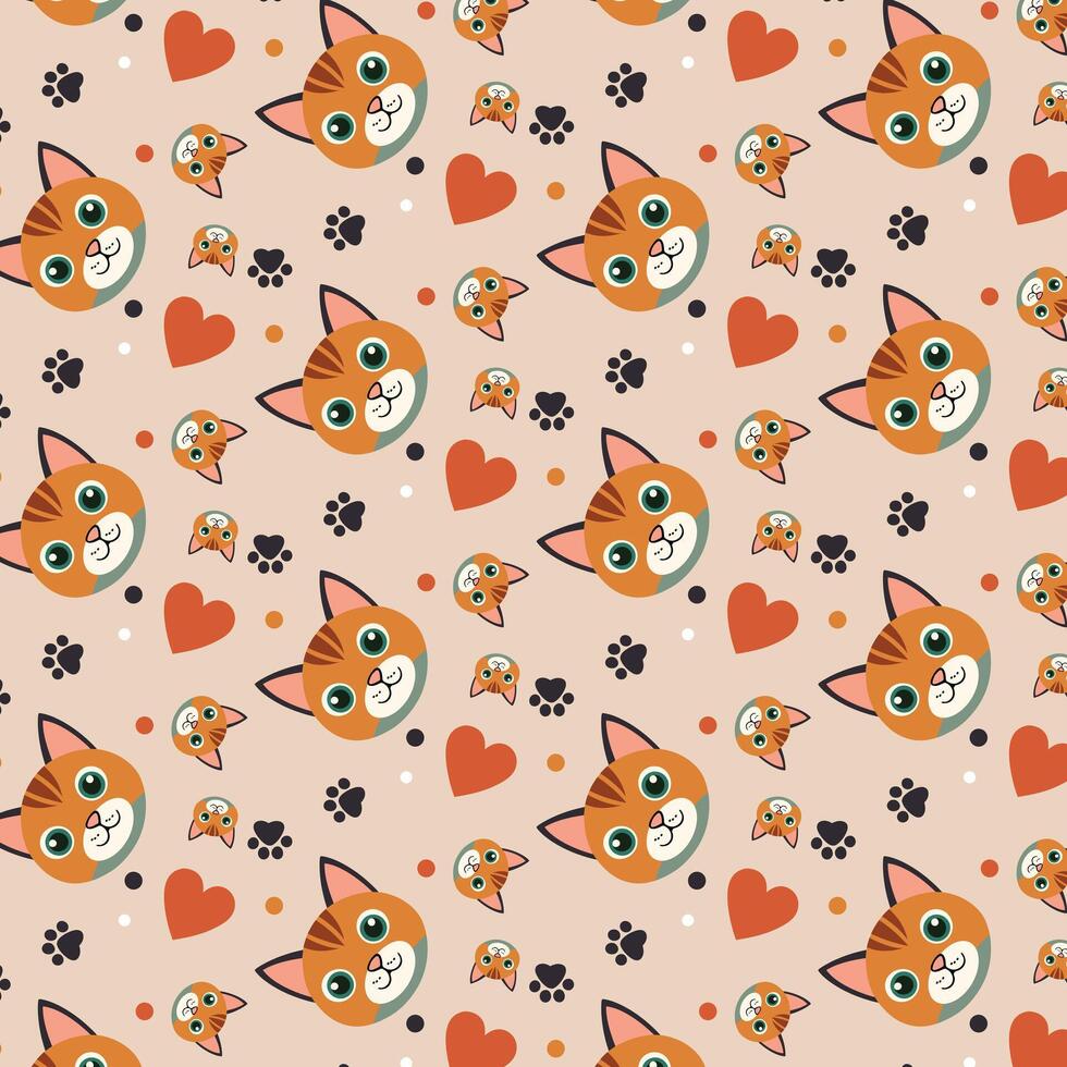 Playful Cat-Themed Pattern with Hearts and Paw Prints vector