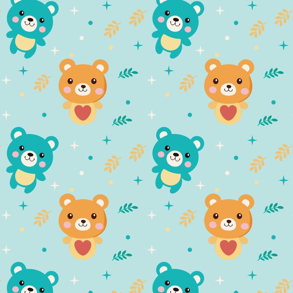 Playful Cartoon Bear Pattern on Light Blue Background with Stars and Dots vector