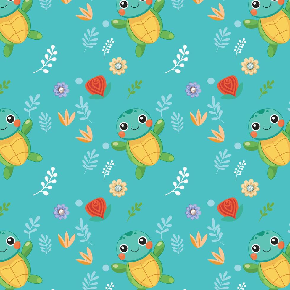 Playful Cartoon Turtles, Flowers, and Cheerful Elements on Teal Background vector