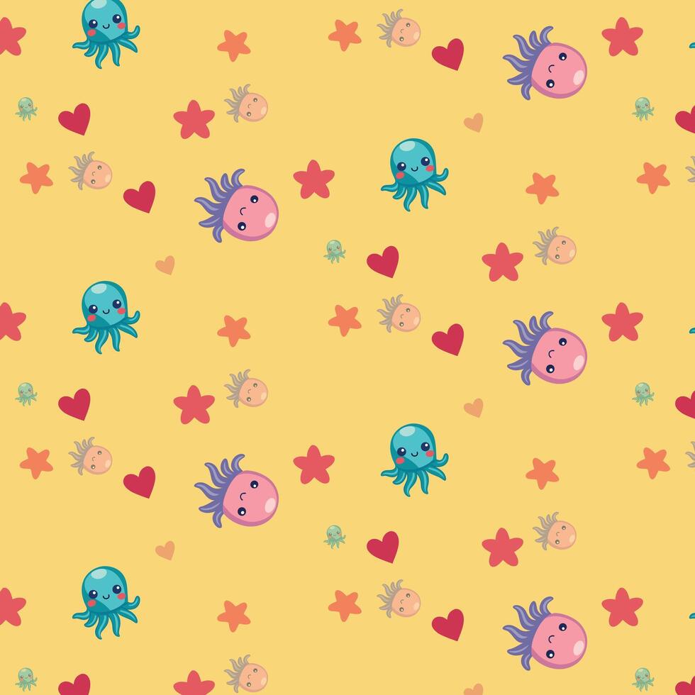 Cute Cartoon Octopuses and Sea Creatures on Yellow Background vector