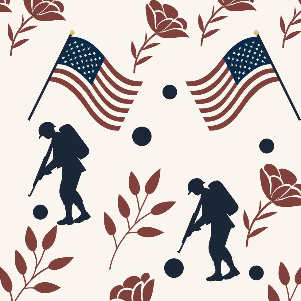 Patriotic Military Tribute Pattern with American Flags, Soldier Silhouettes, and Floral Accents vector