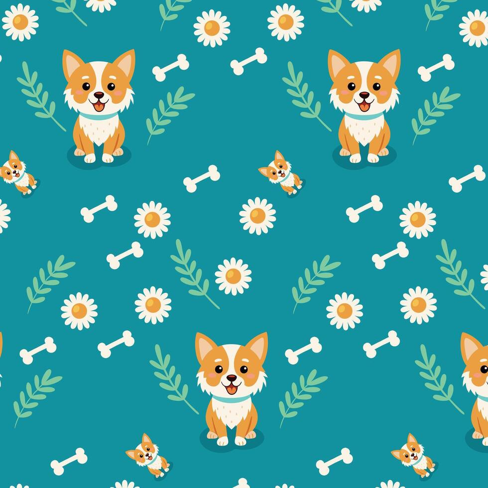 Cute Corgi Dog Seamless Pattern with Daisies, Leaves, and Bones vector