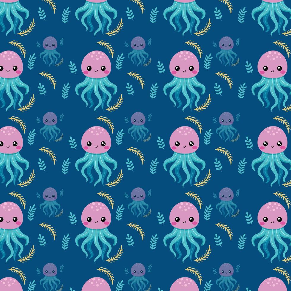 Playful Cartoon Jellyfish and Seaweed Pattern on Deep Blue Background vector