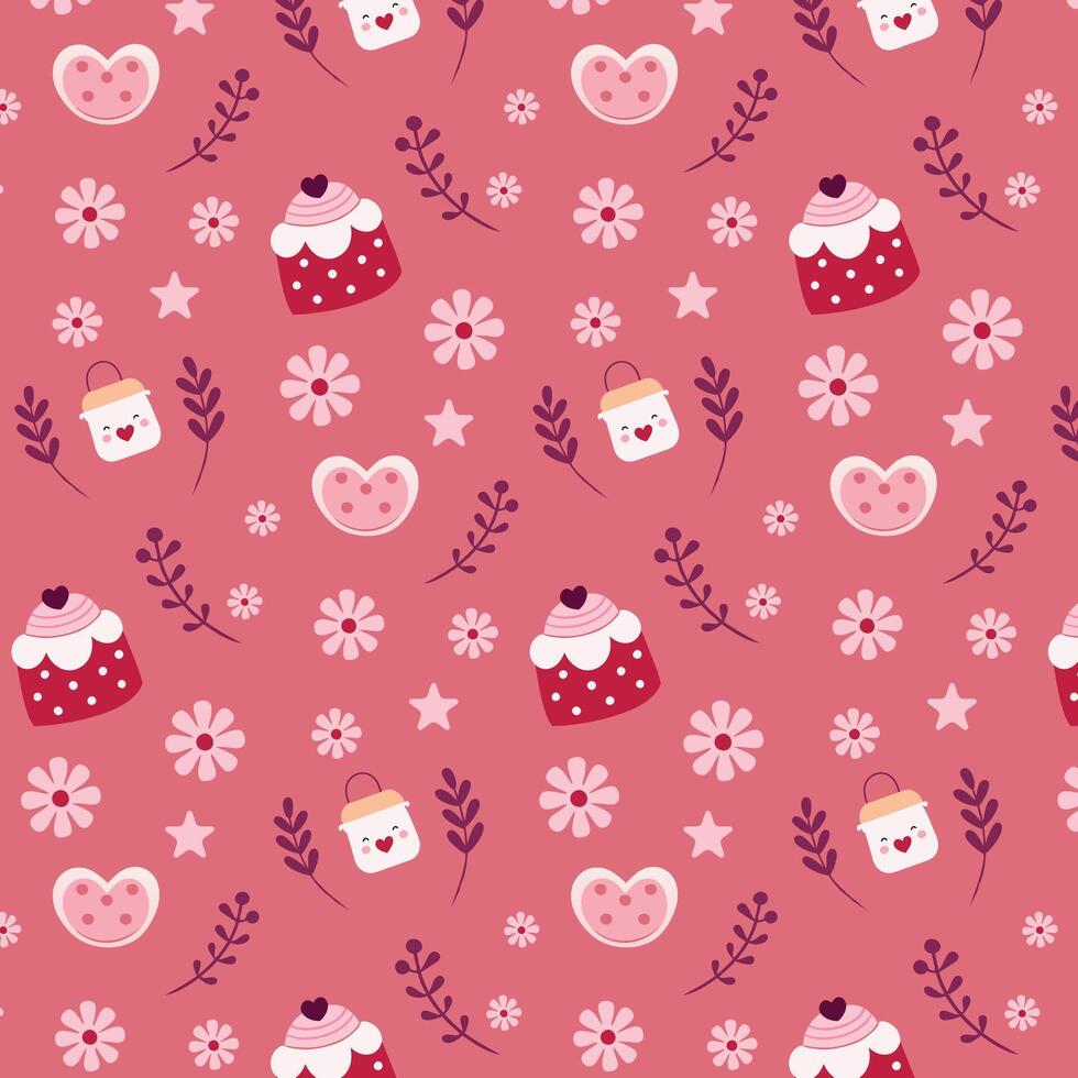 Cute Valentine Pattern with Hearts, Cupcakes, Flowers, and Smiling Jars vector