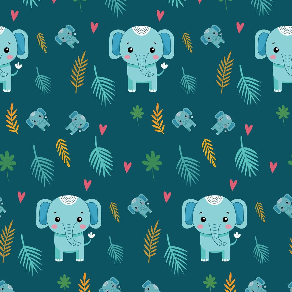 Cute Cartoon Elephants, Leaves, and Hearts Pattern on Teal Background vector