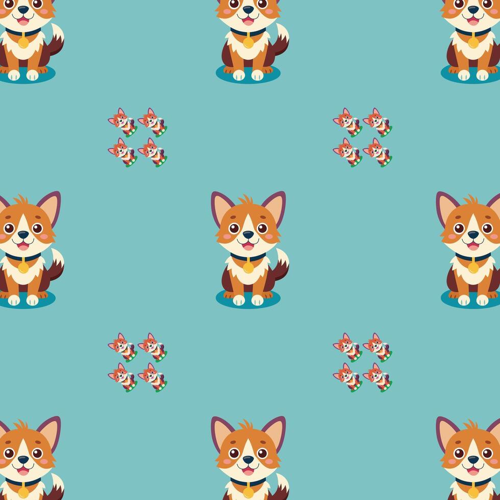 Cute Cartoon Corgi Dogs Pattern with Playful Paw Prints and Blue Background vector