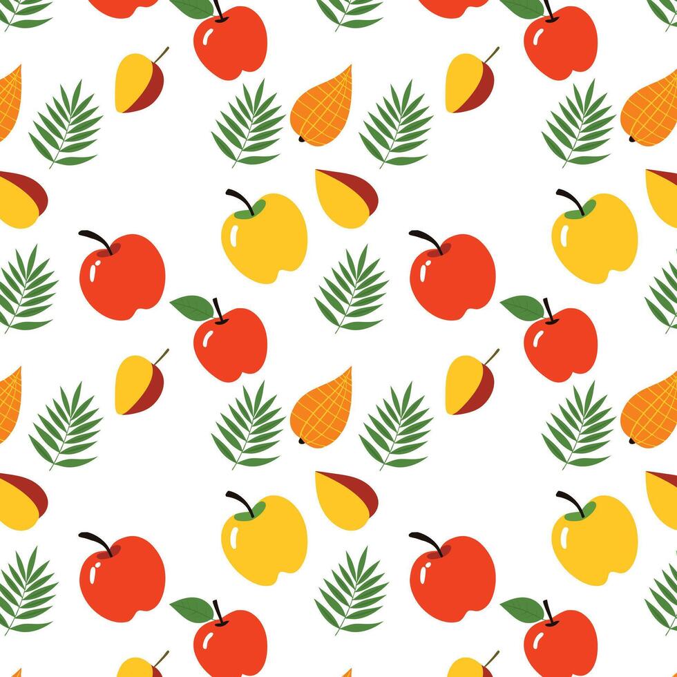 Dynamic Glossy Red and Yellow Apples with Lush Botanical Leaves Pattern vector