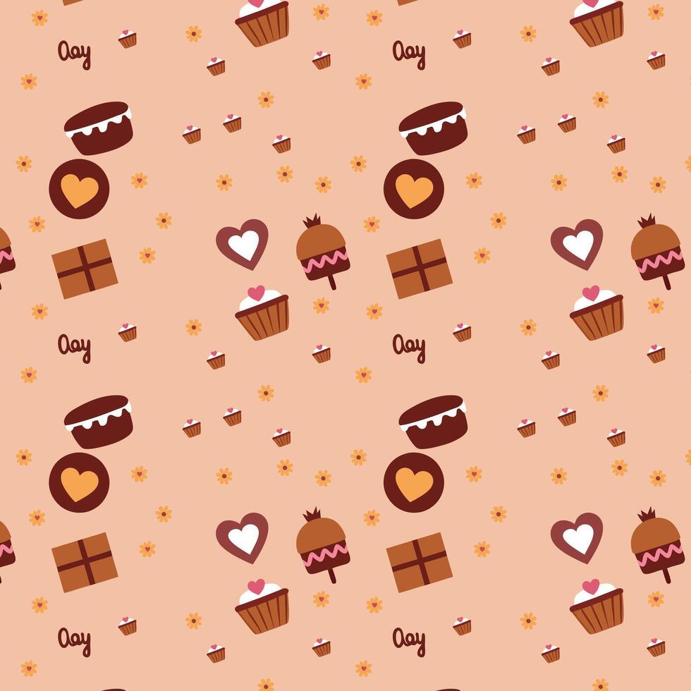 Cute Dessert-Themed Seamless Pattern with Cupcakes and Gift Boxes vector