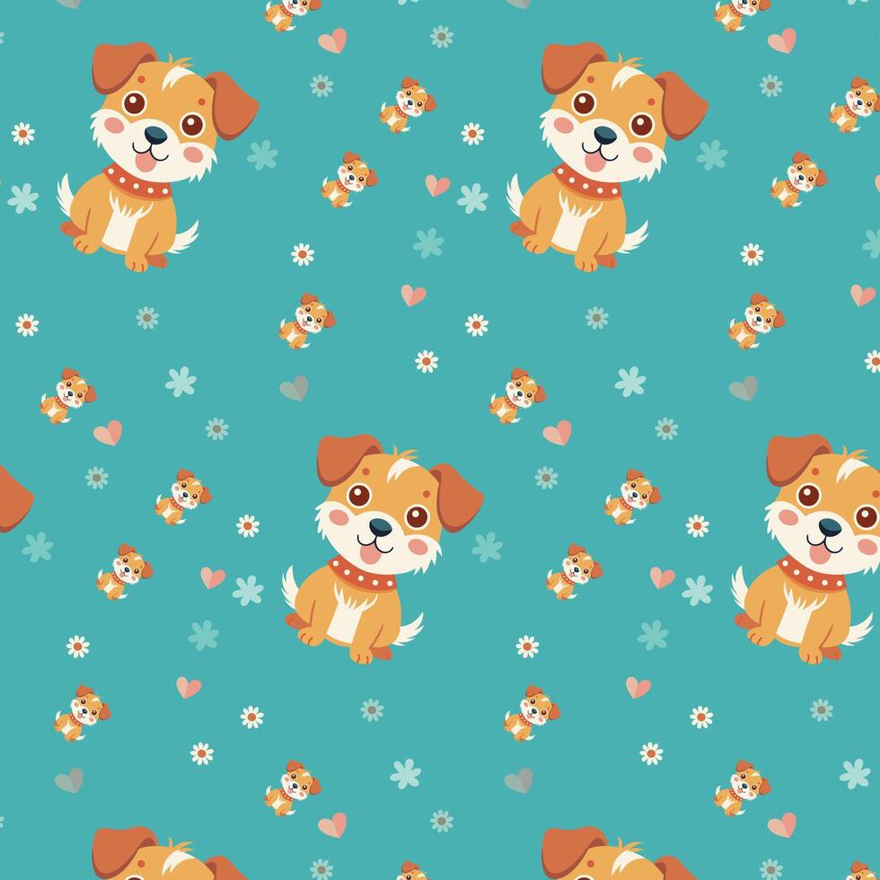 Cute Cartoon Dog Pattern with Hearts, Paw Prints, and Flowers on Teal Background vector