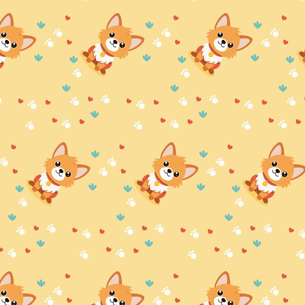 Cute Cartoon Corgi Dog Pattern with Paw Prints and Hearts vector