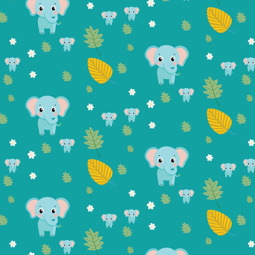 Cute Cartoon Elephants and Leaves Pattern on Teal Background vector