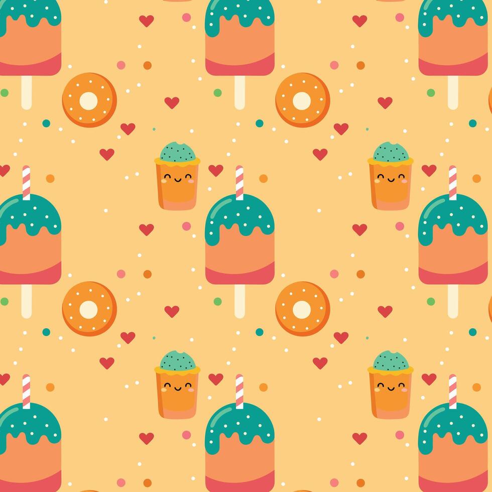Cute Pattern with Ice Cream Popsicles, Donuts, and Smiling Cups vector