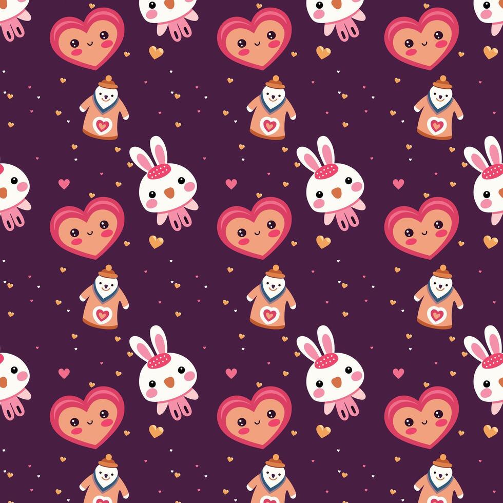 Cute Valentine Pattern with Hearts, Bunnies, and Snowmen on Purple Background vector