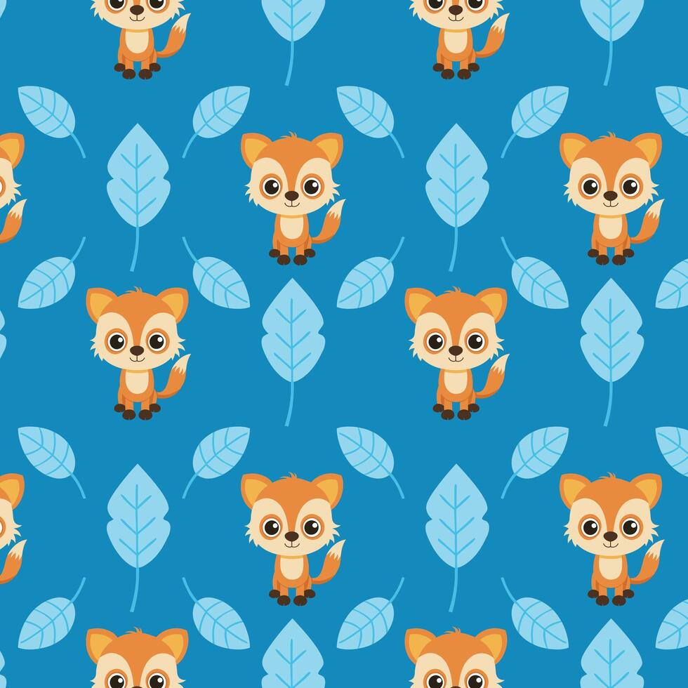 Cute Cartoon Fox and Leaf Pattern on Vibrant Blue Background vector