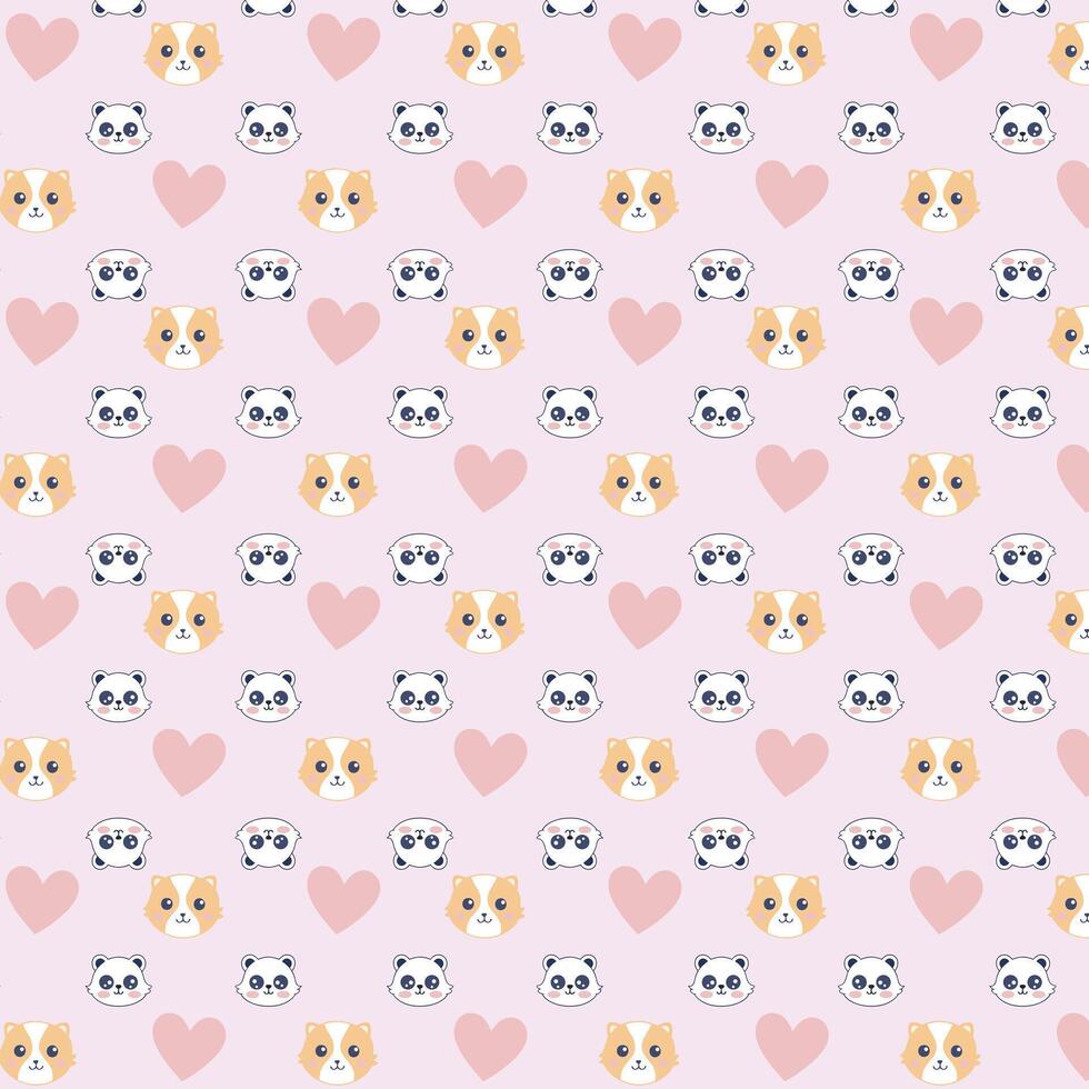 Cute Pattern with Guinea Pig and Panda Faces, Pink Hearts vector