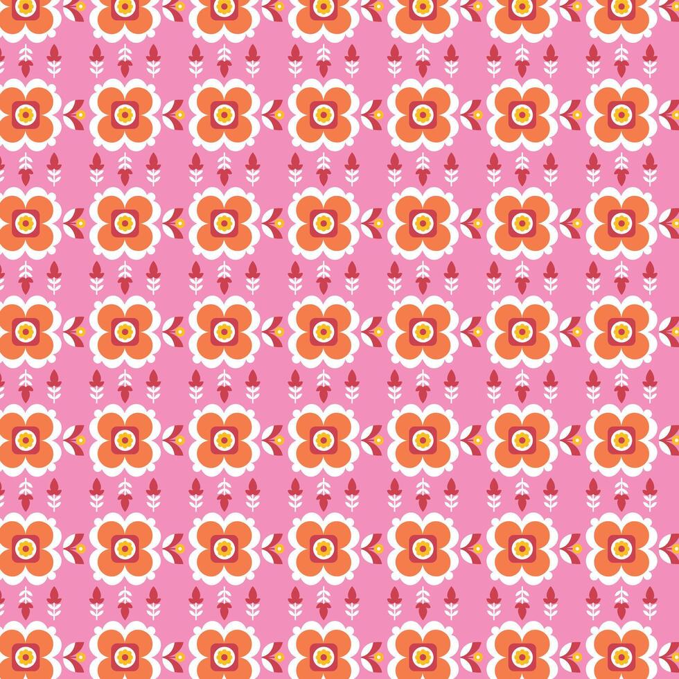 Intricate Floral Pattern with Orange, Red, and Yellow Flowers on Pink Background vector