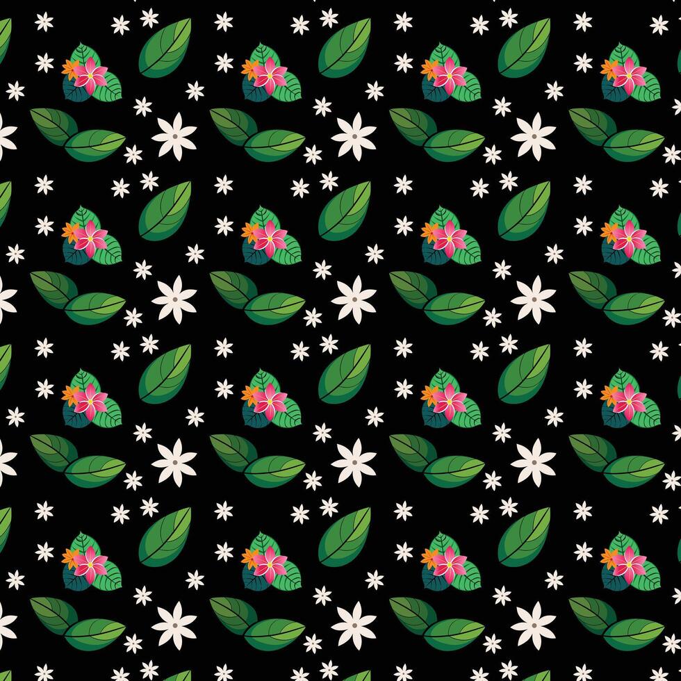 Dynamic Floral Pattern Featuring Vibrant Pink, Orange, and White Blooms on Bold Black Background vector