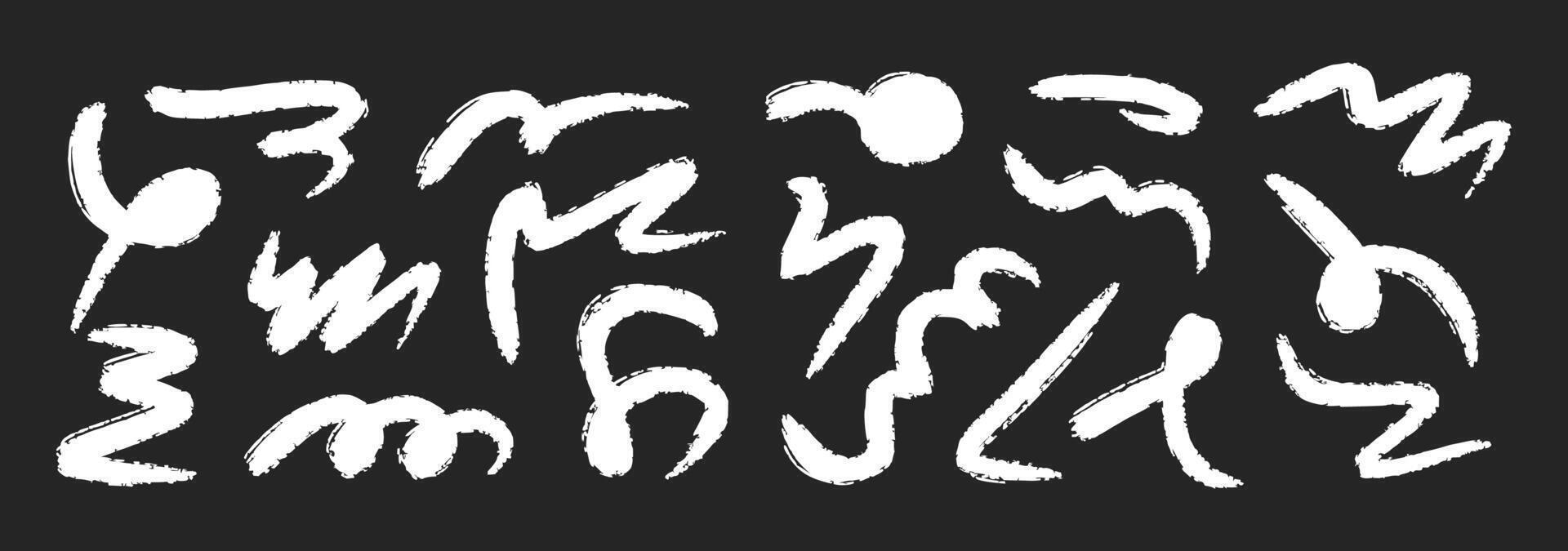 Hand drawn chalk Abstract Scribbles Set. Grunge Marker Lines Isolated on black Background. Black grunge charcoal strokes, squiggle, swirls, smears and shapes by pencil. vector