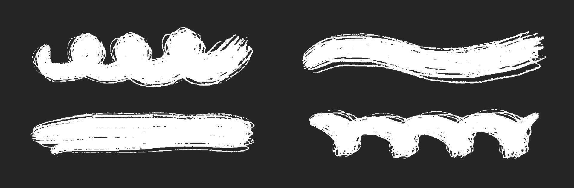 Chalk lines, pencil underline, crayon stroke by pencil, brush scribbles. white charcoal hand drawn sketch elements set on black background vector