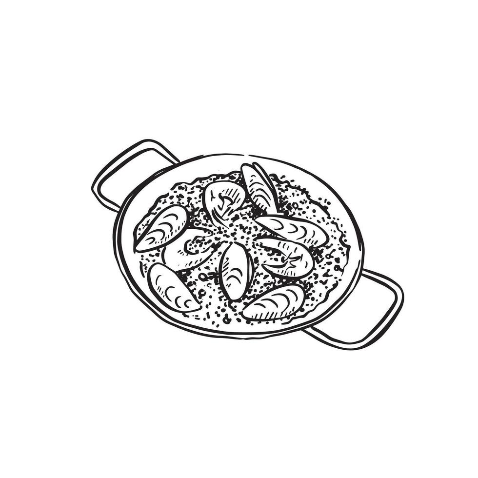 Paella hand drawn in black sketch style. Seafood dish from Spain. vector