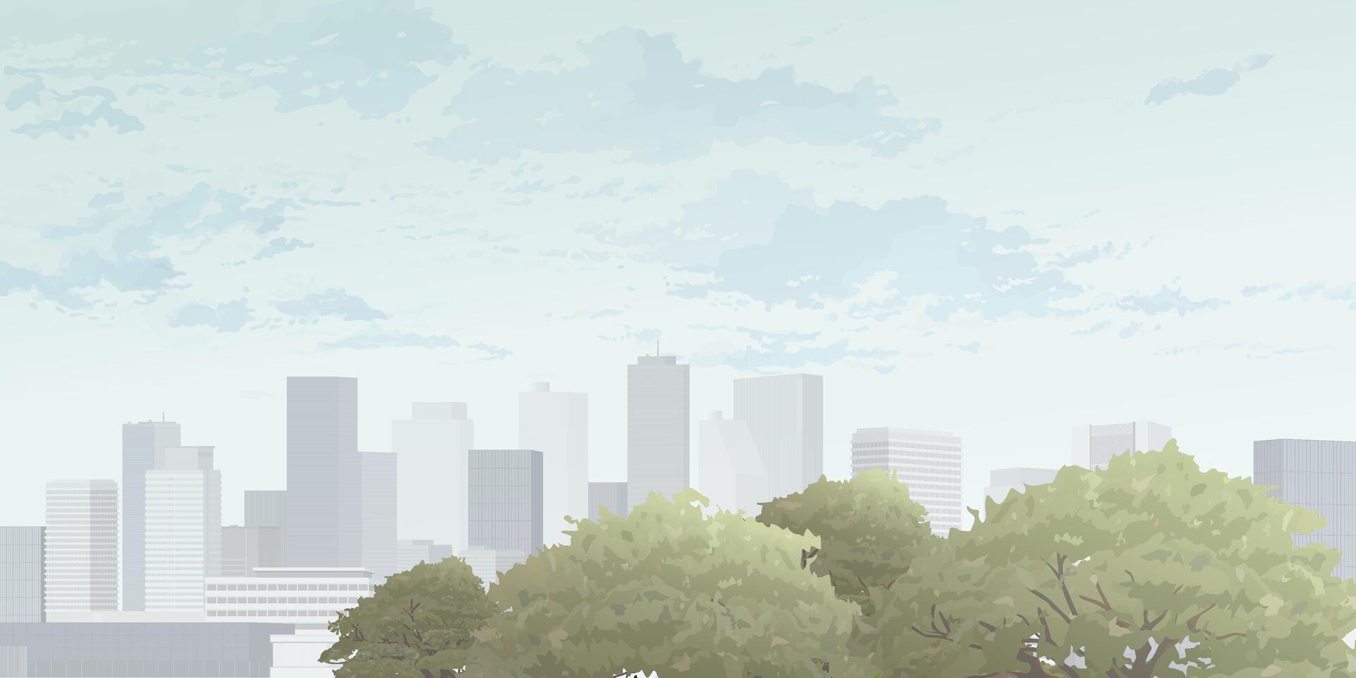 Cityscape with skyscrapers have trees at front and blue sky background graphic illustration. vector