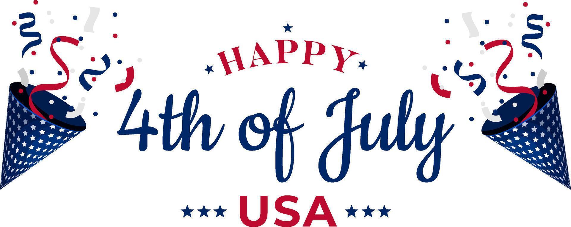 Happy 4th of july USA greeting lettering with red blue confetti poppers isolated vector
